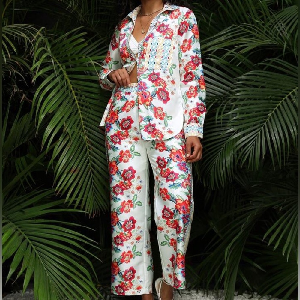 Two Piece Matching Set Floral Shirt Wide Pants Size L